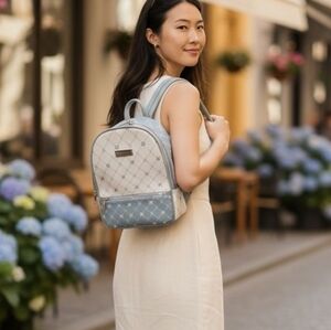 Aeropostale Mini Backpack Blue & White Logo Print Faux Leather Zip Bag Purse